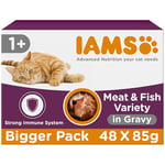 IAMS Delights Complete Wet Cat Food for Adult 1+ Cats Meat and Fish Variety in Gravy Multipack 48 x 85 g Pouches