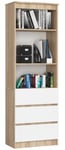 Bibliothèque de bureau AKORD R60 Chêne Sonoma 60 cm 3 tiroirs façade Blanche 3 étagères 60x35x180 cm