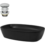 Lavabo en Céramique, Noir, 605x385x140 mm, Coins Arrondis, Garniture de Vidage Argent, Vasque á Poser, Design Moderne, Lavabo à Main, Lavabo de