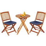 3PCs Salon de Jardin Pliant-2 Chaises+1 Table+2 Coussins en Bois d'Acacia-Table et Chaise pour Jardin/Terrasse Bleu - Goplus