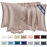 Vielit 2 Pack Satin Pillowcase for Hair and Skin,Soft as Silk Pillowcases for Hair and Skin,Easier Care than Silk Pillow Case Braun Pillowcases for 40x60cm Pillow Envelope & 2 Scrunchies