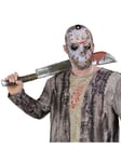 Smiffys Friday the 13th Jason Voorhees Machete and Mask Kit for Adults, Grey and Red, Signature Hockey Mask and Blood-Detail Machete, Officially Licensed, Ideal for Groups, Students, and Themed Events