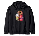 Kiwi Bird Drinking Bubble Tea Japanese Kimono Zip Hoodie