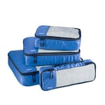 Amazon Basics Cubes d'emballage pour Valise, Organisateurs de Voyage, Fermeture Éclair, Lot de 4, Grandes, Moyennes, Petites et Minces, Bleu