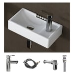 Lavabo suspendu avec Kit de vidange, mini évier à droite 41x23x10 cm - céramique blanche - Meje