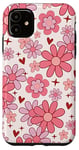 Coque pour iPhone 11 Retro Pink Flowers Valentine's Red Heart Floral Pattern