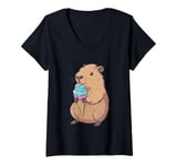 Womens Kawaii Capybara Eating Ice Cream V-Neck T-Shirt