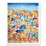 Summer At The Seaside With Colourful Beach Umbrellas On The Sand Watercolour Painting Art Print Framed Poster Wall Decor 12x16 inch