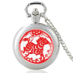 Pocket Watch, Classic Chinese Style Paper Cut Horse Design Silver Quartz Pocket Watch Men Women Glass Dome Pendant Necklace Hours Clock Gifts