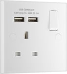 BG Electrical 921U2 Single Switched 13 A Fast Charging Power Socket with Two USB Charging Ports, 2.1 A, 5 V, 10.5 W, Square Edge, White