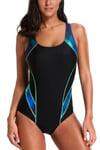 CharmLeaks Ladies Sports One Piece Swimming Costume Padded Slimming Beachwear, Black/Green, 14