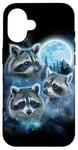 Coque pour iPhone 16 Trois ratons laveurs engloutis dans les nuages de galaxie sous la lune glacée