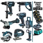 Makita - Pack Power pro 8 outils 18V: DDF458 + DHR202 + DGA504 + DTD152 + DJV180 + DSS610 + DMR108 + DEADML802 + 4 batt 5Ah + sac