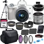 Canon EOS M50 Mirrorless Digital Camera (White) & 15-45mm STM Lens w/EOS M Mount Adapter + 32GB Transcend Memory Card, Shoulder Bag & Commander Optics Accessory Bundle