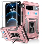 Jshru for Google Pixel 8 Case with Screen Protector [2 Pack] and Slide Camera Cover,Military Grade Shockproof Pixel 8 Case with Ring Kickstand,Armour Phone Cover for Google Pixel 8,Rose Gold