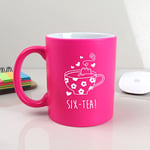 eBuyGB Engraved Neon Pink Coffee Mug -SIX-Tea Design - 310ml Tea Cup, 60th Birthday Gifts for Women, Her - Sixtieth Birthday Gift for Mum, Grandma