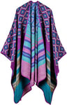 Shmily Girl Femme Cape Poncho Extra Large écharpe Châle Blanket Poncho Automne Hiver (One Size, Rayures en Treillis/Violet)