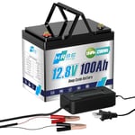 HRBEENERGY Batterie LiFePO4 12V 100AH, Batterie Lithium 1280Wh avec chargeur, BMS intégrée stable, 7000+ Deep Cycle Recharging pour camping-car, solaire, marin,hors-réseau