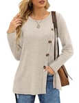 Aokosor Ladies Tops Long Sleeve Womens Lightweight Jumpers Button Front Slit Tunic Beige Size 22-24