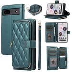 ELISORLI Wallet Case for Google Pixel 6A 5G 2022 with Detachable Wrist Strap,Crossbody Shoulder Strap,9+ Card Slots Zipper Purse Luxury PU Leather Stand Cell Phone Cover for Pixel6A A6 Women Green