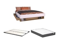 Lit avec tiroir et niche 160 x 200 cm - Coloris : Blanc et naturel + Sommier + Matelas - MISTA