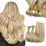 RUNATURE Extension a Froid Anneaux Cheveux Naturel Nano Extension Remy Hair 12 Pouces/30cm Short Hair #18P613 Nano Beads Extension Nano Ring Blond Cendré Foncé Bleach Blond 50 Mèches/40g