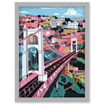 Clifton Suspension Bridge Pink and Teal Cityscape Artwork Framed Wall Art Print A4