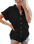 Xnova Chemisier Femme Manches Courtes Col V Chemise T-Shirt Été Couleur Unie Élégant en Mousseline Boutons avec Poche Casual Chic Short-Sleeve Blouse Tops(Noir, M)