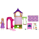 Mattel Princesses Disney Coffret La Tour de Raiponce avec poupée articulée Raiponce, Figurine Pascal, tour 360°, 6 espaces de jeu et 15 accessoires, Jouet Enfant, Dès 3 ans, HMV99