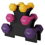 Songmics Hex hantel set med stativ, 2 x 1 kg, 2 x 1,5 kg, 2 x 2 kg, handvikter, gul, rosa och lila