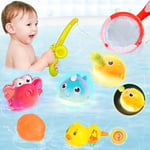 Highttoy Jouet Bain Bébé, 7 Pièces Peche a la Ligne avec 3 Jouets de Bain Pêche Lumineux/Canard Nageur Remonter/Filet de Pêche/Canne Pêche/Boule à Eau, Flottante Jouet de Bain pour Bébé Enfant