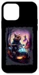 Coque pour iPhone 12 mini Écureuil rétro sur VTT avec motif coucher de soleil sur montagne