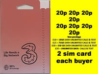 20p 50GB THREE SIM CARD  NEW PAY AS YOU GO THREE 3 NETWORK  2 sim each buyer