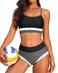 CharmLeaks Womens Sporty High Waisted Bikini Sets Color Block Two Piece Swimsuit Bathing Suits Swimwear Black L