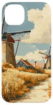 iPhone 14 Plus Wheat Fields With Windmills Landscape Vintage Graphic Case