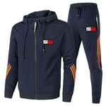 Män TomyJeans Helzippade Tryckt Hoodie Jacka Långa Sweatpants Joggers Sport Gym Tracksuit Set Navy Blue XL