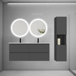 Ensemble meuble double vasque L.120cm 4 tiroirs + lavabo + 2 LED miroirs rond 60cm + colonne B,anthracite.easy