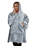 LIVACASA Pull Couverture Unisexe Chaud Doux avec Grand Poche Sweat à Capuche Hiver Robe de Chambre Pull Plaid Hoodie Cadeaux de Noël en Camping pour Devant La Télé, Gris, Taille L