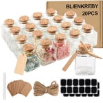 BLIENKREBY Lot de 20 Petite Bouteille en Verre, 50 ml Fiole en Verre, Mini Pot Conservation Carré avec Étiquettes et Ficelle, Mini Bouteille Verre pour Mariage, Fête, Dragees Bapteme