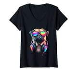 Womens Colorful Pug Headphones V-Neck T-Shirt