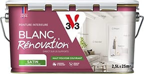 V33 Peinture blanche mur et plafond satinée - multi-supports - monocouche - BLANC RENOVATION®, 2,5L