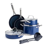 Blue Diamond Batterie de Cuisine avec Revêtement Antiadhésif en Renforcé avec des Diamants, Set de 10 Poêles et Casseroles, Avec Poêle à Frire Sauteuse, Sans PFAS, Induction, Lave-Vaisselle, Four,Bleu