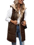 Tuopuda Manteau Femme sans Manche, Veste Longue sans Manche Polaire Chaud Automne Hiver Gilet sans Manche à Capuche Réversible Sherpa Hooded Coat Zippée Waistcoat avec Poches, Marron, L