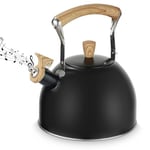 BEZORR Whistling Kettle, 3 Liter Stainless Steel Tea Kettle,Stove Induction Kettle with Wood Grain Handle for Kitchen Gas Hob, Induction Cooker, Gas, Electric, Halogen Stovetops, Black