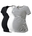 LAPASA Lot de 3 T-Shirts de Maternité Femme Vêtements de Grossesse Maillot de Corps Enceinte Manches Courtes L55 1 Noir, 1 à Rayures Bleu Marine, 1 Blanc Cassé XL