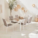 Salon de jardin table extensible - Orlando Taupe - Table en aluminium 150/210cm. plateau de verre. rallonge et 6 chaises en