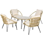 Outsunny Ensemble Salon de Jardin Bas Lot de 5 pièces avec 4 fauteuils et 1 Table Basse Ronde Plateau Verre trempé - Style bohème + 8 Coussins - résine Effet rotin