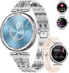 Montre Connectée Femme 1,19"" Amoled Bluetooth Appels Pour Android Ios Montre Femme Connectée Fitness Activity Tracker Fréquence Cardiaque Sommeil Moniteur Diamond Argenté Acier Smartwatch Femme