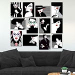 Lot de 12 tableaux Aranea L20xH15cm Motif Pop'art, portraits d'une femme Noir et Blanc