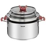 Tefal Opti’Space Lot de 3 faitouts 18/20/24 cm + 3 couvercles verre, Induction, Acier inoxydable, Empilable G720S674, Argent,transparent